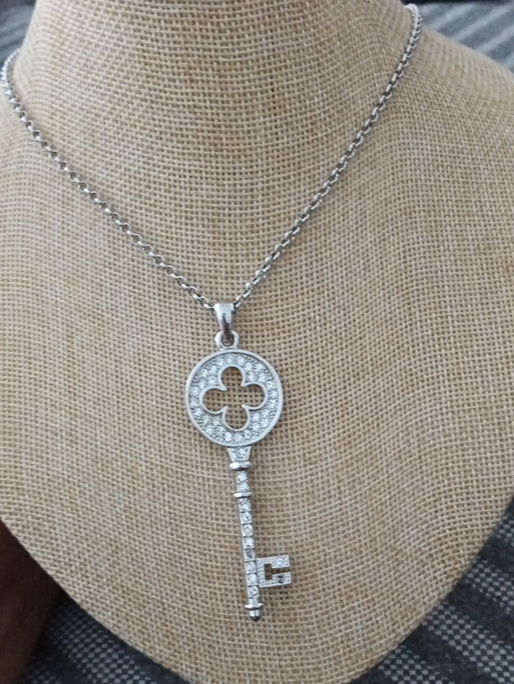 Silver Key Pendant Necklace with Pavé Crystals
